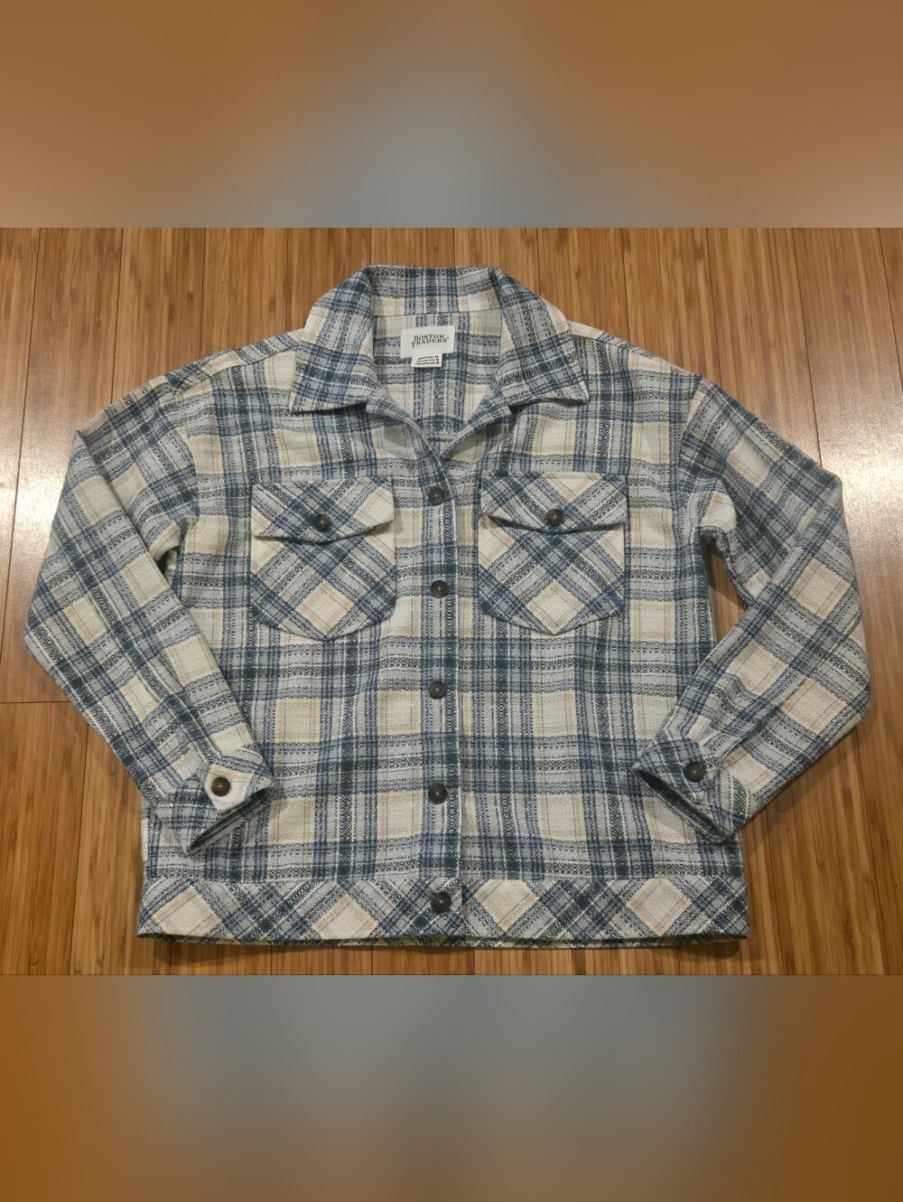 Biston Traders Plaid Button-Up Shacket in Cream & Blue